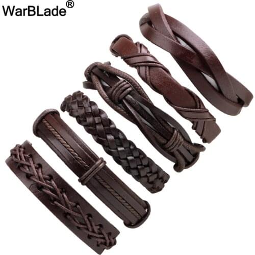 WarBLade 6pcs/Set Fashion Brown Genuine Leather Bracelet Men Vintage Charm Braided Bracelets Bangle Punk Wrap Wristband For Male