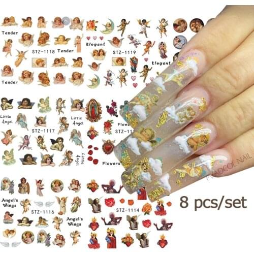 8pcs Angel Nails Stickers Water Transfer Nail Art Decals Cherub Angels Baby Sticker Rose Letters Tips Wraps Manicure Decoration
