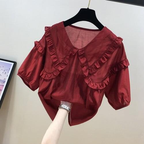 New Design 2021 Solid Chiffon Women Blouse Ruffles Loose Half Sleeved Elegant Office Lady Pulls Tops Outwear