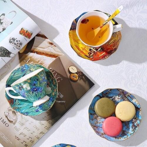 New Bone China Beautiful European Vincent Willem Van Gogh Art Famous Painting Netherlands Coffee Cafe Cup Dish Lovers Teacup Set