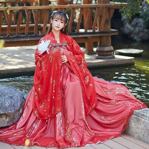 Hanfu Dress For Women Chinese Traditional Folk Dance Performance Clothes Black/Red Hanfu Tang Dynasty Princess Costumes VO1130