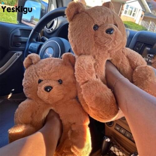 Teddy Bear Plush Slippers Women Men Furry Flip Flop Shoes Couples Cute Bear House Slipper Winter Warm Soft Furry Faux Fur Shoes