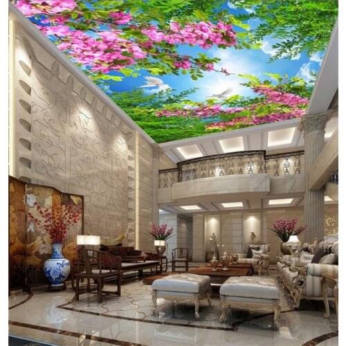 Simple sky warm cherry blue sky white clouds living room ceiling ceiling 3D stereo wallpaper large mural wallpaper