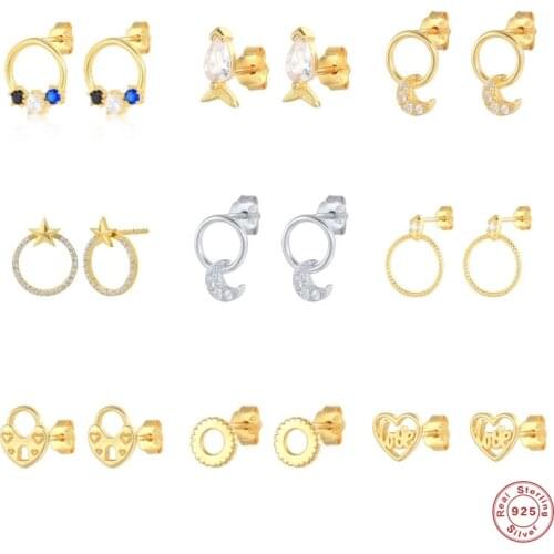 Aide 925 Sterling Silver Clear CZ Zircon Moon Fish Star Stud Earrings For Women Tiny LOVE Heart Lock Ear Studs Pendiente Jewel
