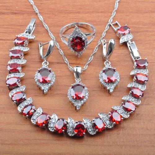 Sparkling Red Zirconia Crystal Silver Color Jewelry Set For Women Earrings Necklace Pendant Rings Bracelet Set JS0513