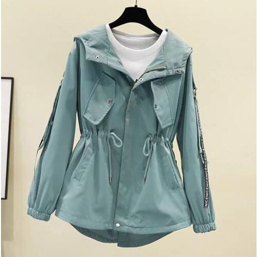 Womens Windbreaker 2020 New Spring And Autumn Loose Hooded Drawstring Waist Coat Female Short Fashion Jacket Women Clothing
