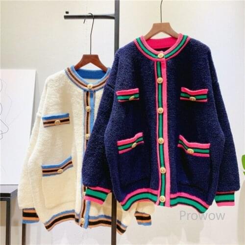Women Knitted Jacket Contrast Color Striped Thickened Sweater Coat Women Autumn Winter Knitted Cardigan Korean Cardigan Sweater