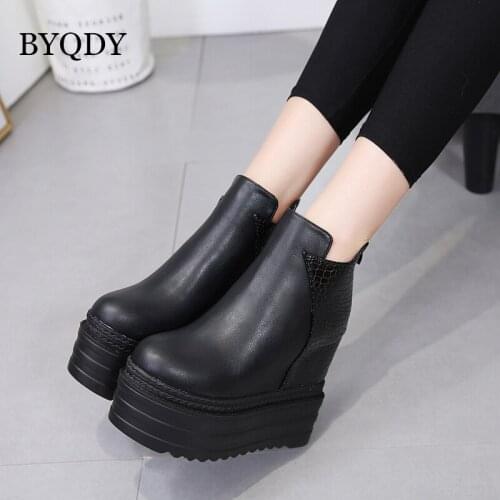BYQDY 12.5cm Heel PU Leather Platform Boots Autumn Women Ankle Boots Black Height Increasing Round Toe Punk Wedges Boots Female