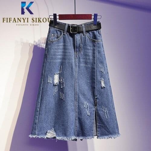 2020 Summer Women Plus Size Blue Denim Skirt Fashion Split High waist Midi Long Skirt Female Loose Casual A-Line Jeans Skirts