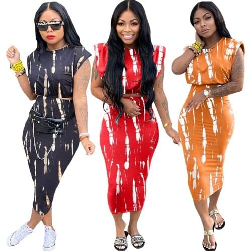 Summer Casual Fashion Women Slim Tie-Dye Print Sleeveless Crop Top Maxi Skirt Sets Two Piece Set Outfits Wholesale