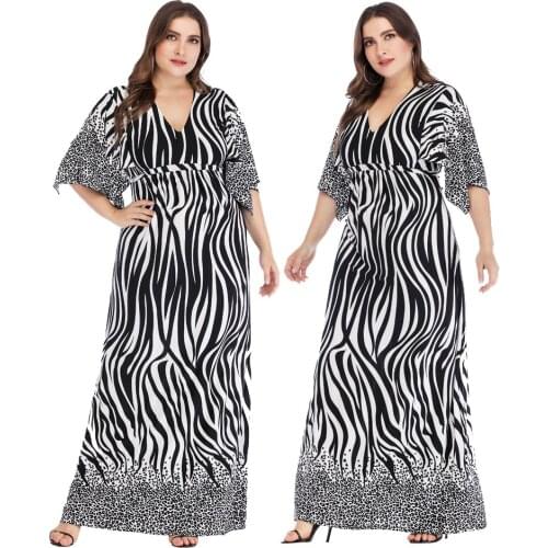 Women Long Dress Leopard Stripe Printed V-neck Plus Size Short Sleeve Arab Jilbab Casual Maxi Robe Gown Kaftan Islamic Dresses