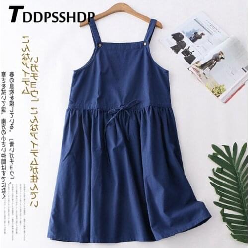 Navy Blue Linen Sweet Women Dress School Spaghetti Strap Simply Design Female Dresses