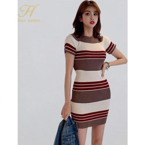H Han Queen Stripe Autumn Dresses Womens Vintage Work Elegant Stretch Knitted Vestidos Party Bodycon Sheath Office Female Dress