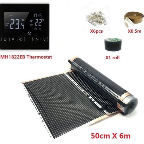 50cmX6m 220V Infrared Carbon Floor Heating Film Kits with Clamps WiFi Thermostat and Insulation Pastes