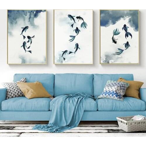 Abstract Modern Blue Fish Animal Canvas Painting Posters and Prints Wall Art Abstract Picture for Living Room Home Decor Cuadros