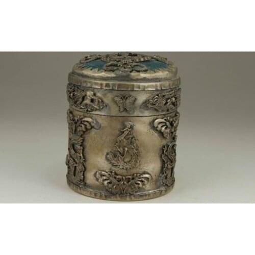 Elaborado, chino, antiguo tibetano plata dragón hecho a mano estatua Phoenix caja de tabaco