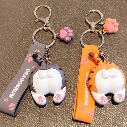 Cute Orange Gray Cat Butt Key Chains Pvc Lovely Cats Ass Keychain Car Bag Animal Bell Pendant Keyring Women Jewelry Gift