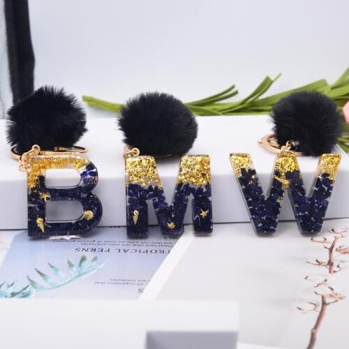 1Pc Black Pompom Letter Keychain English Alphabet Keyring Black Stone Gold Foil Filling Resin Car Mirror Accessory Women Girls