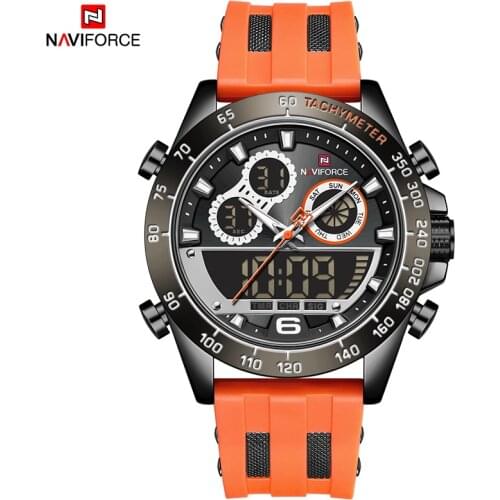 Mens Big Dial Dual Display NAVIFORCE Watches Luxury Brand Orange Sports Military Waterproof Silicone Digital LED Quartz Clock