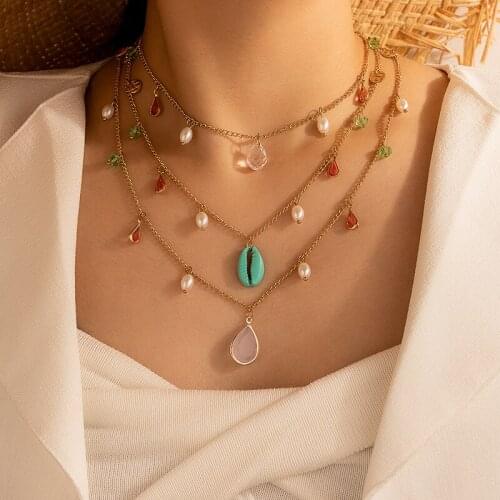 HuaTang Boho Colorful Crystal Pearl Pendant Necklace for Women Multilayer Water Drop Shell Charming Ladies Jewelry on the Neck
