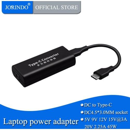 JORINDO DC4.5*3.0MM female socket to Type-C male plug Laptop power adapter，5V9V15V/3A 20V 2.25A 45W