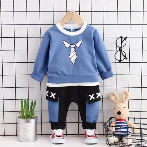 New boys autumn leisure suit boys cartoon pattern stitching fake two-piece long-sleeved sweater boys loose two-piece overalls