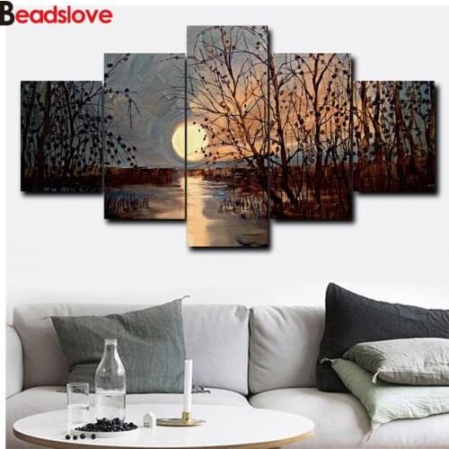 Moon 5pcs DIY Diamond Painting Natural Scenery Sunrise Diamond Embroidery Square/round Stones Diamond Mosaic Rhinestone Picture