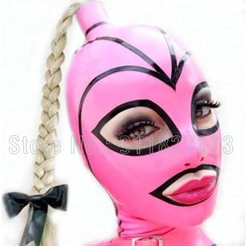 Sexy Handmade Latex Customized size mask hoods with twist braid wig back zipper Fetish Pink Hood