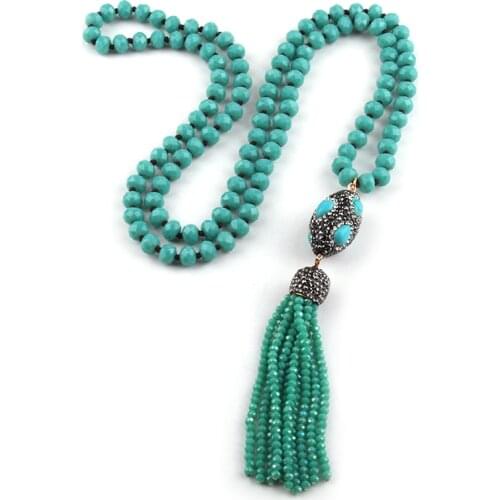 MOODPC Fashion Aqua Crystal Glass Knotted Handmake Paved Link Tassel Necklace