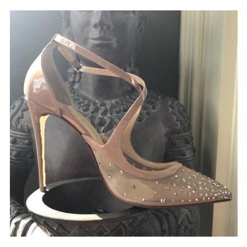 Moraima Snc Sexy Mesh Grid Crysatl Embellished High Heel Shoes Pointed Toe Cross-tied Party Wedding Heels for Woman Nude