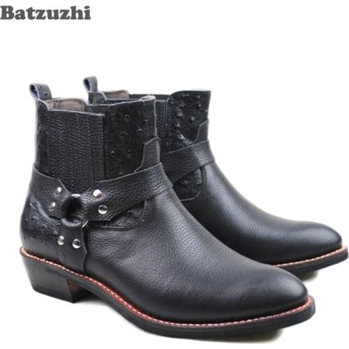 Handmade Boots Men Pointed Toe Black Genuine Leather Boots Men Rock Cowboy Ankle Boots Buckle Motorcycle/Riding Botas Hombre
