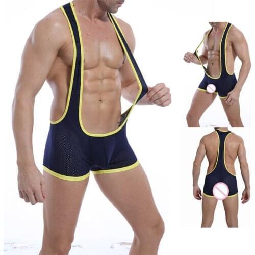 Mens Sexy Bodysuit Jockstrap Mesh Underwear Wrestling Singlet Leotard Jumpsuits Suspender Sexy Undershirts