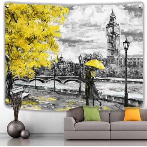Wall Hanging Grey London Big Ben With Couple Yellow Tree Umbrella Art Living Room Home Tapestry Large Fabric Boho Landscape Deco