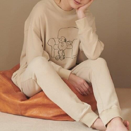 New ladies long-sleeved trousers pajamas suit, soft and comfortable cotton pajamas, loose round neck home wear