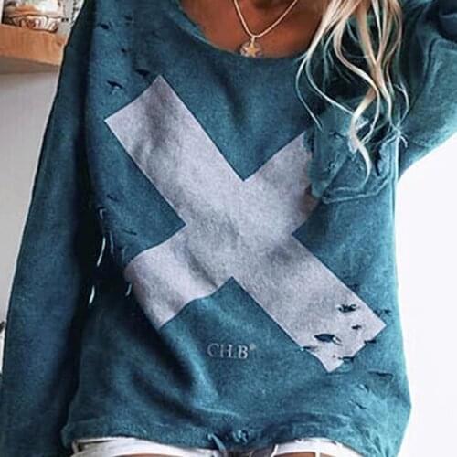 Autumn Letter Print Hole Womens T-shirts Long Sleeve O-Neck Female Pullovers 2021 New Fashion Casual Streetwear Ladies Tops