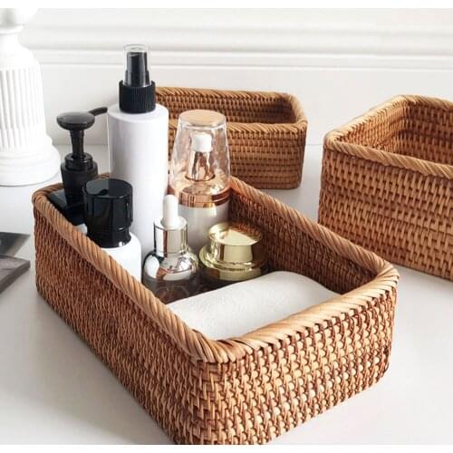 Hand-Woven Rectangular Rattan Wicker Basket Fruit Tea Snack Bread Picnic Cosmetic Storage Box Kitchen Supplies Household Tools