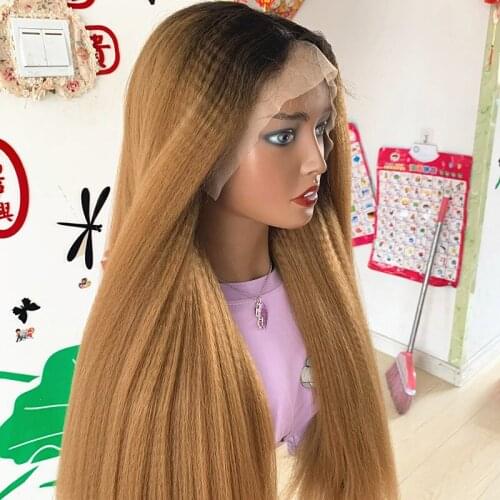 Yaki Straight Lace Front Wigs Afro Comb Synthetic Ombre Blonde Kinky Straight Wig 1B 27 Color with Baby Hair For Black Women