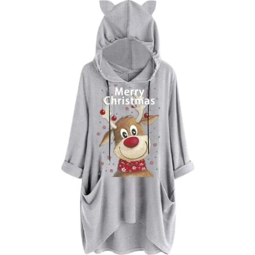 Plus Size Autumn Winter Fashion Women Christmas Deer Print Hooded Long Sleeves Pocket Top Casual Irregular Shirt