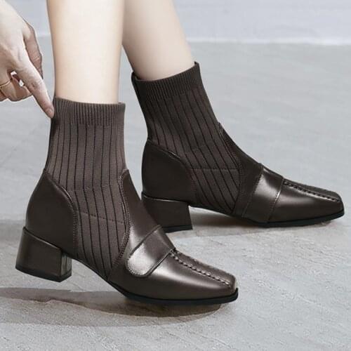 Lazyseal Stretch Fabric 4.5cm Square Heel Women Ankle Boots PU leather Slip-on Square Toe Autumn Winter Socks Boots For Women