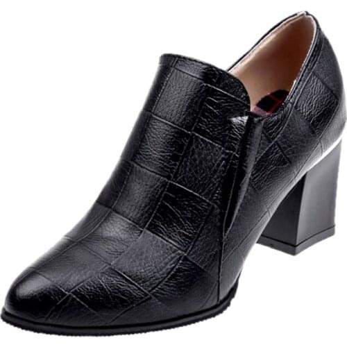 PUPUDA Women Shoes Heels Casual Leather Shoes Women Slip On Female Shoes Good Quality Black Chunky Heels 2020