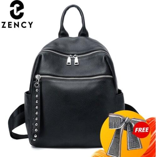 Zency Soft Cow Leather Female Backpack Simple Casual Womens Rucksack High Quality Ladies Knapsack Teenagers School Bag Black