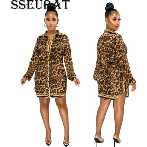 SSEURAT Women Leopard Print Shirt Long Sleeve Dress Vintage Female Blouse Dress Autumn Elegant Office Dresses