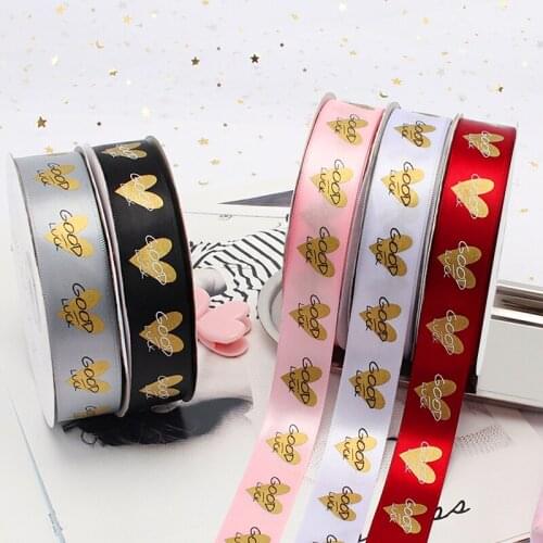 50 Yards/roll 25mm Polyester Printing "GOOD LUCK" Polyester Satin Ribbons DIY Wedding Party Gift Wrapping Valentines Day Decor