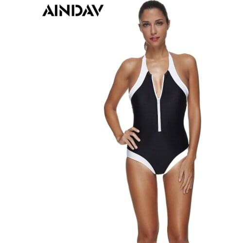 AINDAV Front Zipper One Piece Swimsuit Women Swimwear Vintage Monokini Bathing Suit Bodysuits Black Trikini Swim Suit Plus Size