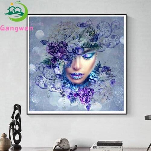 Diy full square round diamond painting purple flower woman 5d diamond mazayka embroidery crystal diamond iris girl pattern decor