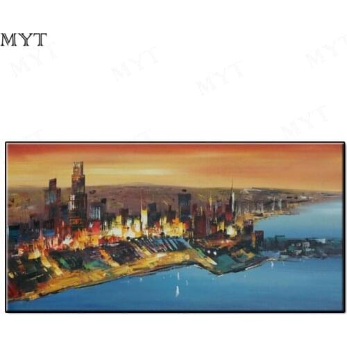 Free shipping Modern seaside city night lights Handmade Canvas Oil Painting Wall art Pictures for Living room Home Decor unframe