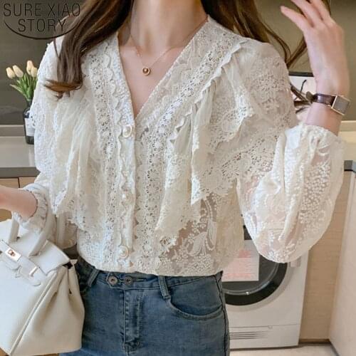 Puff Sleeve V-neck Clothing 2021 Sweet Lace Blouse Ruffled Shirt Patchwork Blouses Women Flower Hollow Out Shirt Blusas 13430