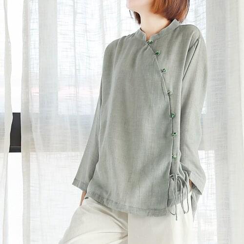 Women Chinese Style Blouse Loose Stand Up Collar Pearl Buttons Cotton Linen Casual Shirt Pure Color Oriental Lady Tradition Top