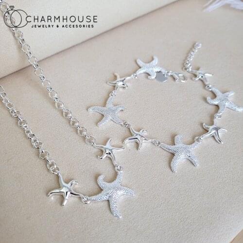 Pure Silver 925 Jewelry Sets For Women Sea Star Chain Necklace Bracelet 2 pcs Set Collier Pulseira Femme Trendy Jewelry Bijoux