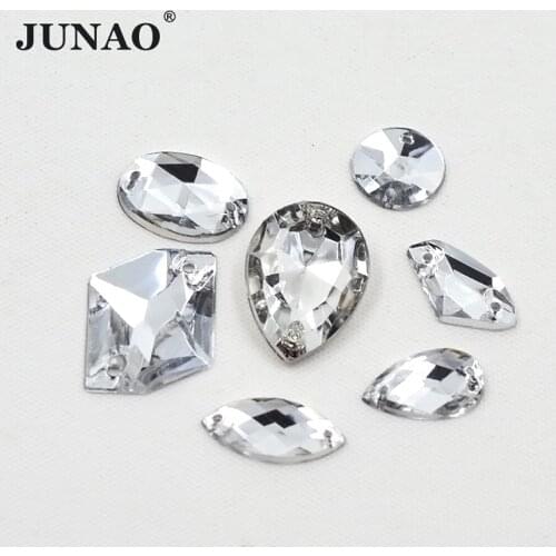 JUNAO Mix Size Shape Sew On Clear White Rhinestone Applique Sewing Acrylic Gems Flatback Strass Crystal Stones For Clothes